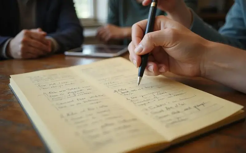 Handwritten notes comparing selling options in a notebook