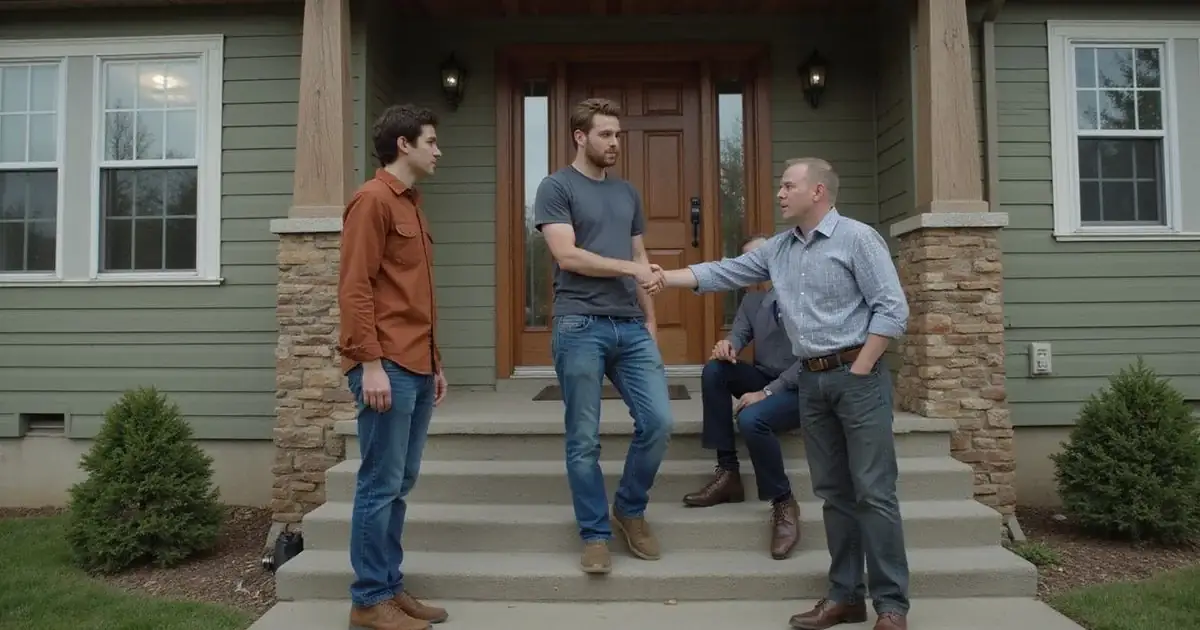Three brothers talking on the front steps of a house