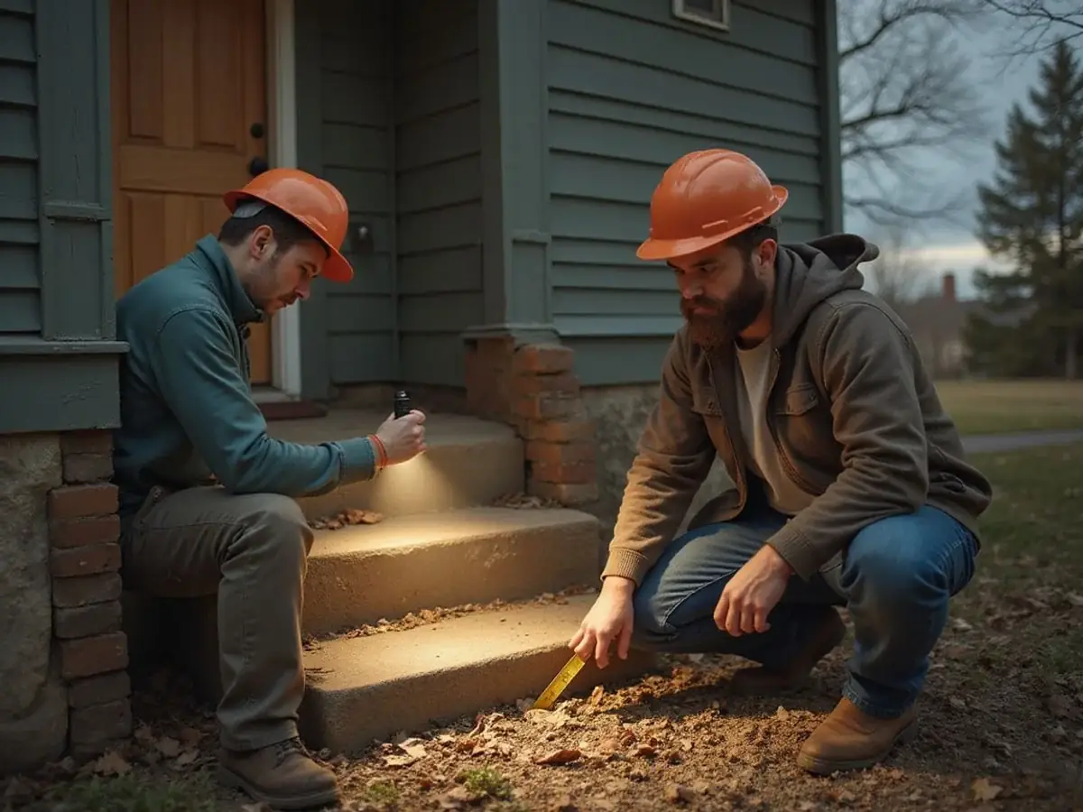 Contractor with a flashlight inspecting a cracked basement wall in a Minneapolis house