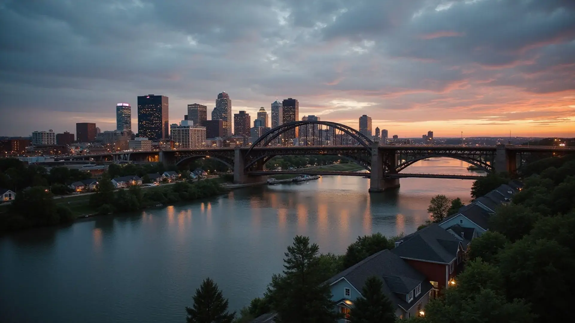Minneapolis skyline across the Mississippi River at dusk