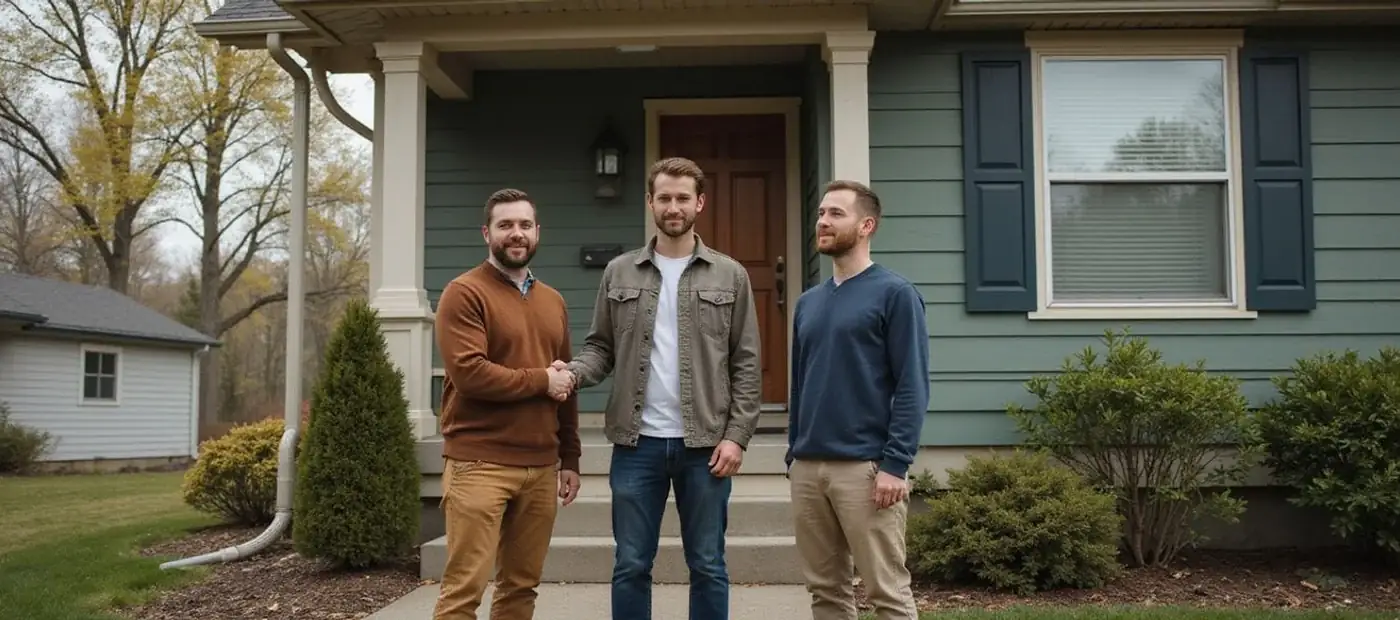 Illustration of three brothers standing together outside a house